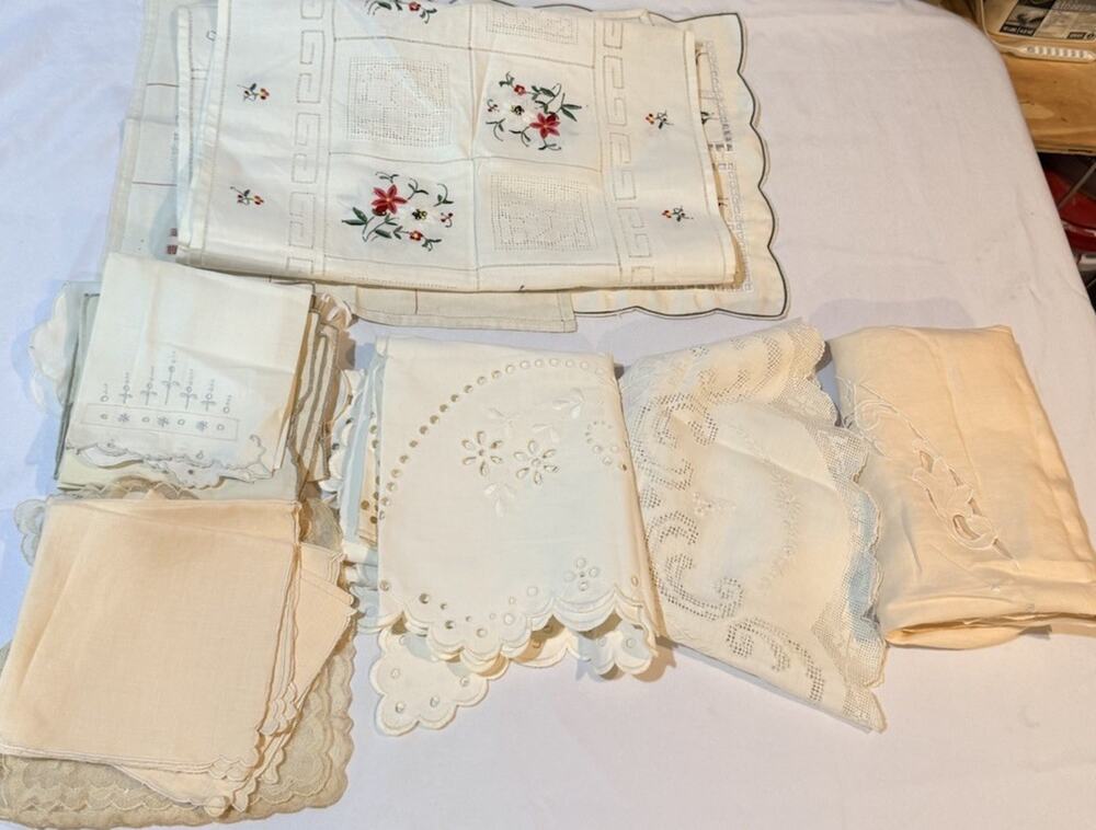 Large Vintage Linen Lot Embroidered Cutwork Lace Handkerchiefs Doilies 30+